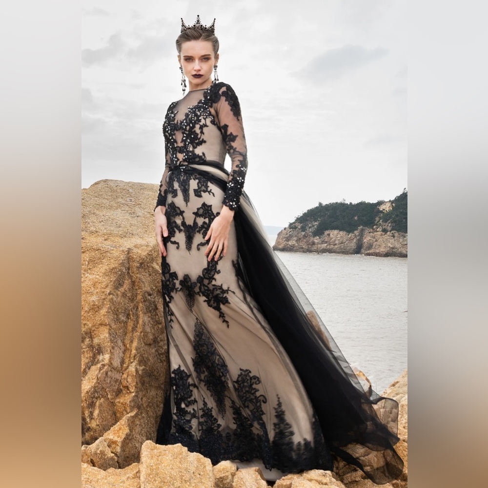Black Lace Embroidered Long Sleeve Wedding Gown - Dramatic Elegance